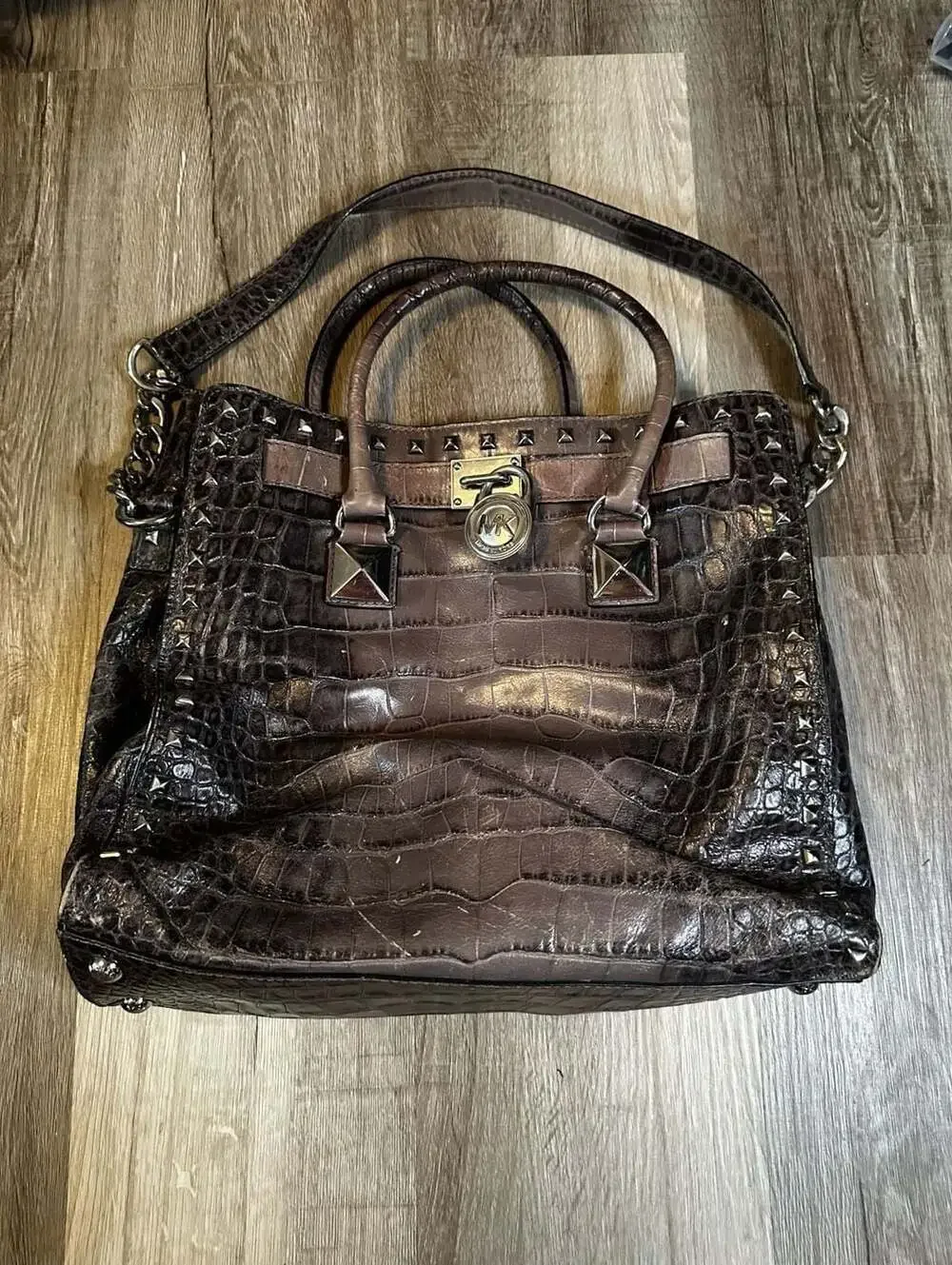 Michael Kors Hamilton Tote Bag in Grey Crocodile Embossed Leather with Studs